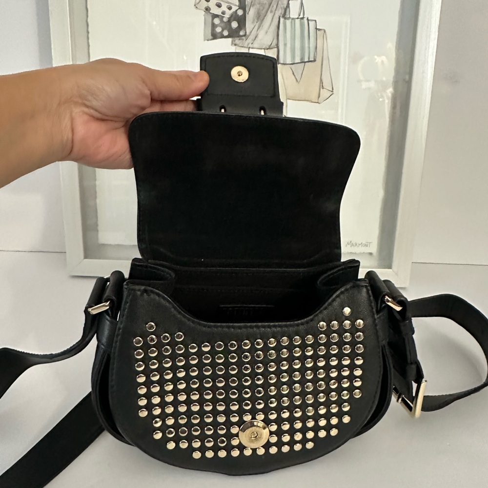 FURLA Studded Black Leather Mini Crossbody Bag Made In Italy Gold Tone Studs - Picture 11 of 17
